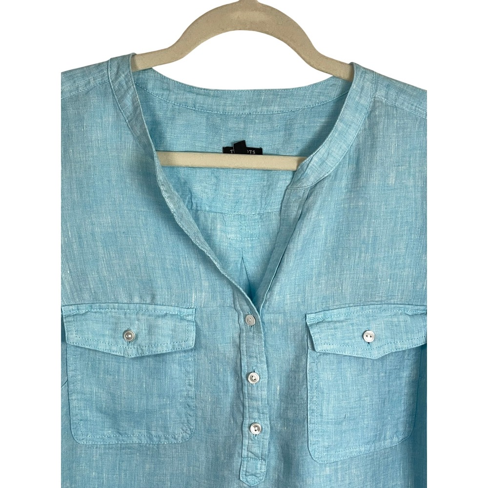 Talbots Womens XLP Blue Linen Roll Tab Sleeve Split Neck Button Tunic Top - Picture 6 of 14